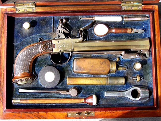 A Fine Cased Belgium made Flintlock Box-Lock Pistol with Spring Bayonet circa 1800